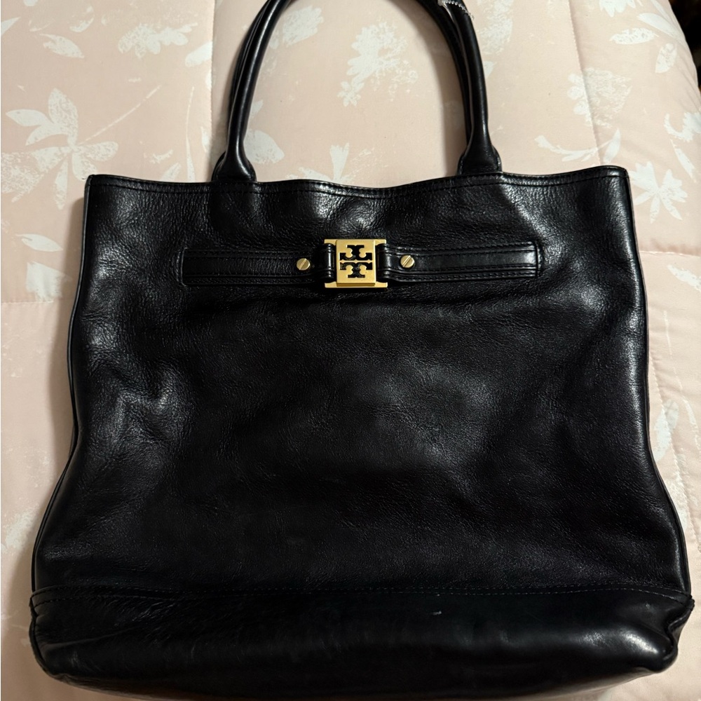 Tory Burch Black Leather Tote with Gold Accent